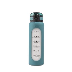 TintBox 1 Litre Motivational Borosilicate Glass Sipper with Silicone Sleeve, Time Markings, Leak-Proof (Planet Green)